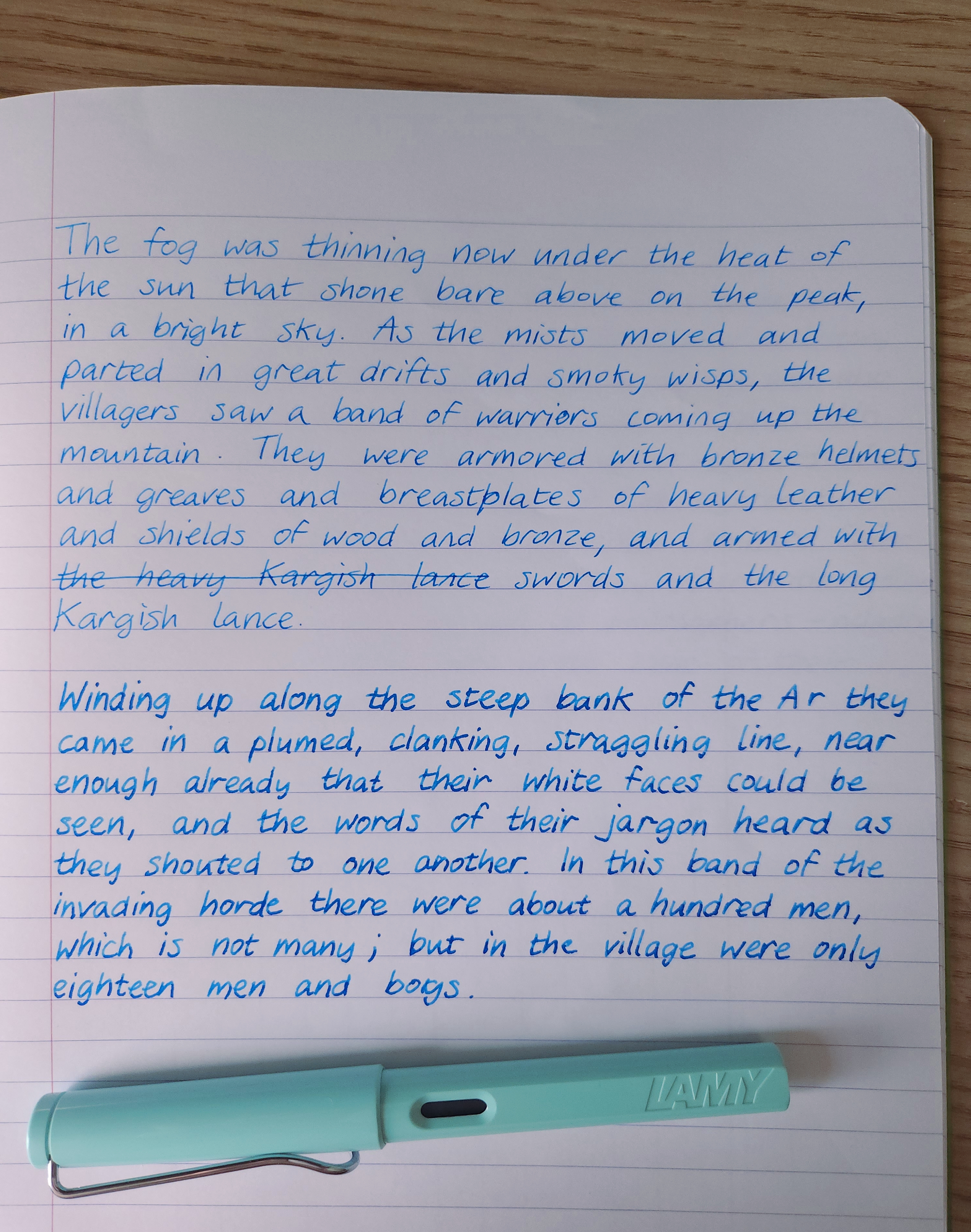 Text from A Wizard of Earthsea. The notebook is Clairefontaine. This Lamy Safari is the Blue Macaron from 2019.